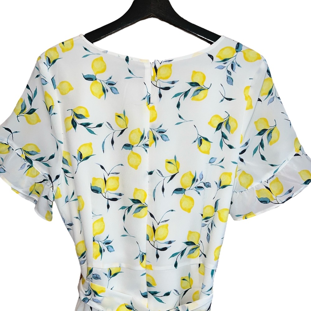 Banana Republic Lemon Print Mini Dress Size 14 White Yellow Ruffle Tie Waist - Picture 7 of 15
